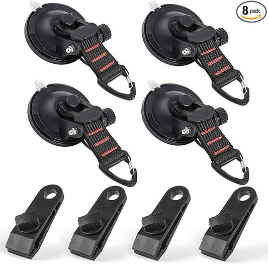 CONBOLA Suction Cups Hooks 8 pcs Car Camping Essentials Heavy Duty Tie Down Suction Cup Camper Accessories with Securing Hook Strong Power for Car Awning Boat SUV Tent Trap Window Glass. (8 pcs)