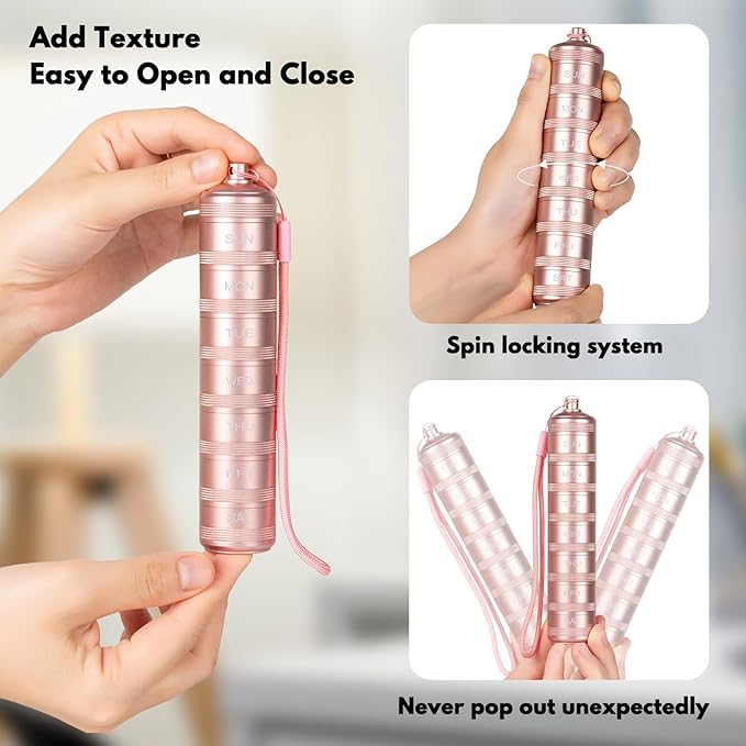 Portable Metal Pill Medicine Organizer - Waterproof Pill Case Compact Travel Pill Box Weekly Aluminum Alloy Container, 7 Day Daily Pill Organizer Holder for Small Pills, Pink S
