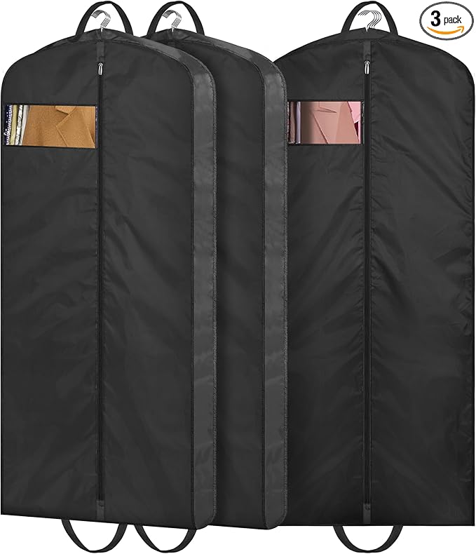 MISSLO 43" Mens Garment Bags for Travel Waterproof Suit Bags for Closet Storage for Shirts, Jackets, Coats, Black, 3 Packs