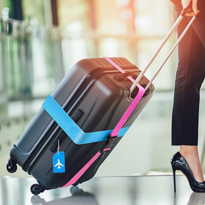 Weewooday 8 Pcs Luggage Straps Suitcase Tags Set for TSA Approved, 4 Travel Adjustable Suitcase Belt, 4 Silicone Luggage Tags with Name ID Card Travel Accessories(Pink, Light Blue,Airplane)