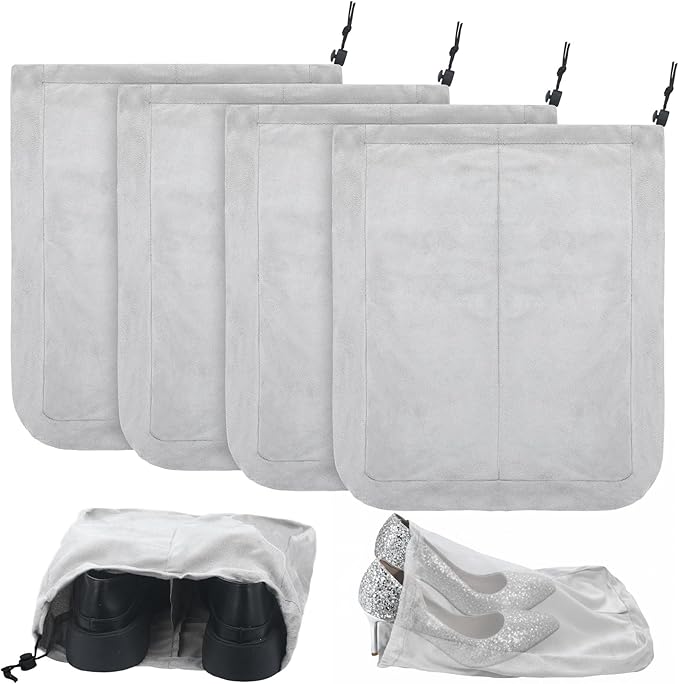 4 Pcs Travel Shoe Bags Spandex Shoes Pouch with Interior Divider and Drawstring for Women Men Luggage Packing (Grey)