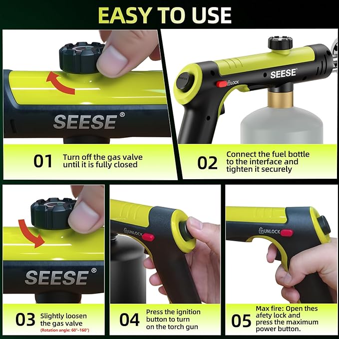 Powerful Propane Torch Gun,Kitchen Cooking Torch With One-Touch Max Fire, Charcoal Lighter with a Safety Lock, Adjustable Blow Torch for Sous Vide, BBQ, Campfire, Fireplace(Tank Not Included)
