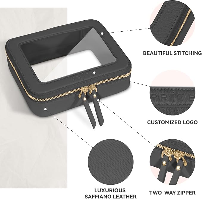 Prite Clear Makeup Bag Cosmetic Organizer Case Waterproof Travel Toiletry Bag Skincare Pouch with Golden Zipper (Black)
