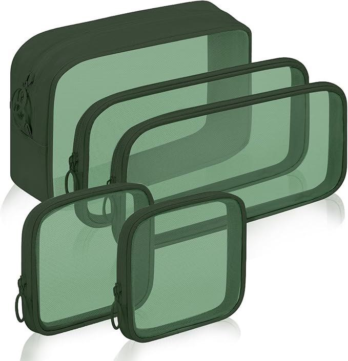 5 Pieces Mini Zipper Nylon Mesh Pouch, Mesh Cosmetic Bags Makeup Bags, Multipurpose Travel Toiletry Bags for Office Supplies and Travel Accessories (Green, Assorted Sizes)