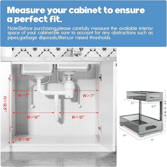 Biboraya 1 Pack 17IN Depth Under Sink Storage Organizer, Large 2-Tier Elegant Mesh Pull Out Shelf for Kitchen and Bathroom Cabinet Organization, L-Shaped and Adjustable Height Design-Gun Gray