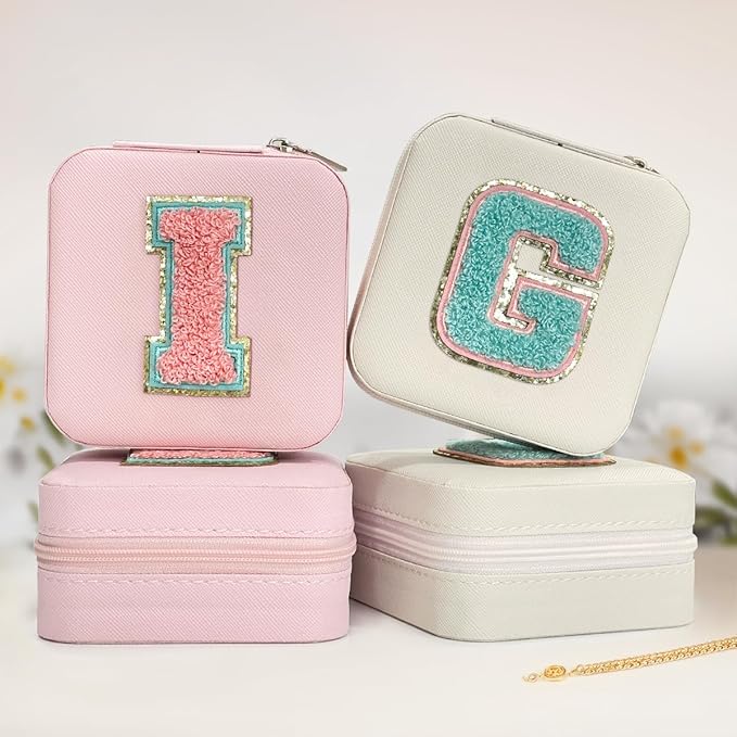 SANDJEST Personalized Jewelry Box, Pink Travel Jewelry Box with Initial I, Small Monogrammed Jewelry Case Organizer for Girls Women Teen Kids, Mini Travel Essentials Gifts for Birthday Christmas