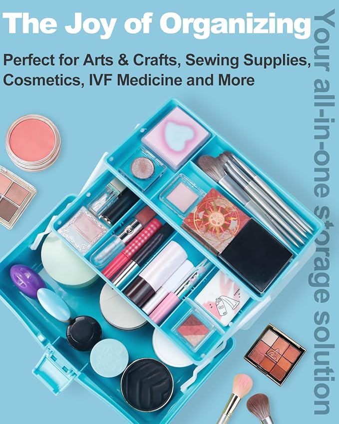 12in 3-Layer Plastic Craft Organizers and Storage, Portable Folding Tackle Box with Handle & Adjustable Dividers, Multipurpose Case for Sewing, Art Supplies, Medicine, Tools (Blue)