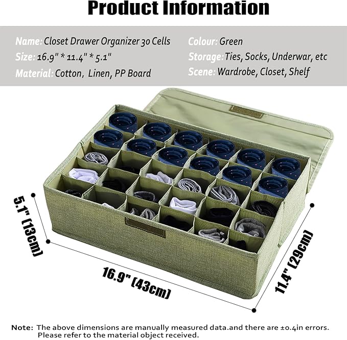 AARAINBOW 2 Packs Underwear Socks Ties Storage Organizer with Lids Foldable Closet Drawer Organizer 60 Cells, Fabric Drawer Wardrobe Divider Storage Boxes for Scarves and Lingerie (30 Cell, 2 Green)