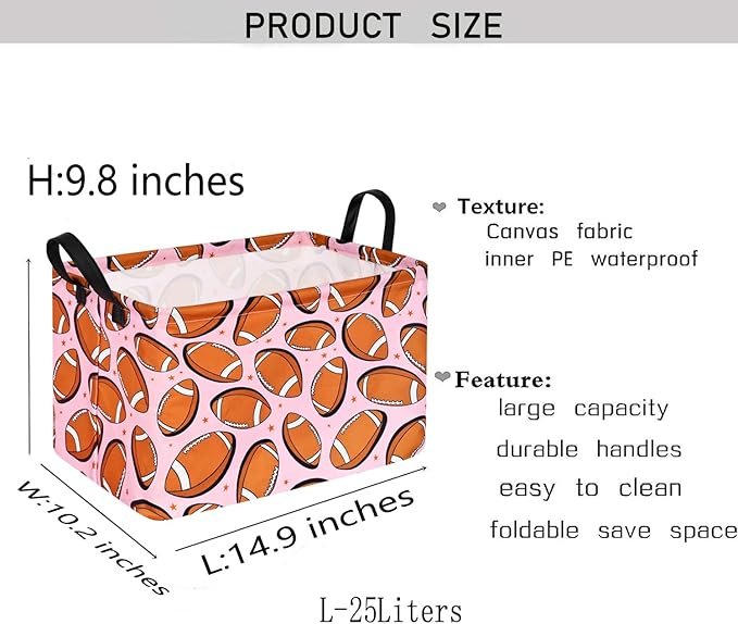 KUNRO Rugby Pink Balls Pattern Storage Basket Gift Shelf Basket Storage Bin, Nursery Basket Organizer Box for With Handles for Room Deco