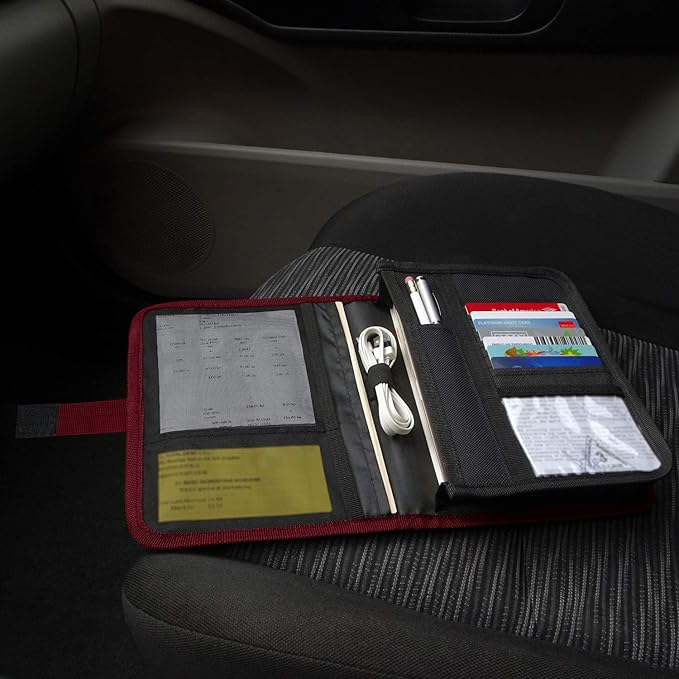 Glove Box Compartment Organizer - Car Document Holder - Owner Manual Case Pouch - Vehicle Storage Wallet for Registration & Insurance Card - Premium Auto Paperwork Holder - Log Book included - Red