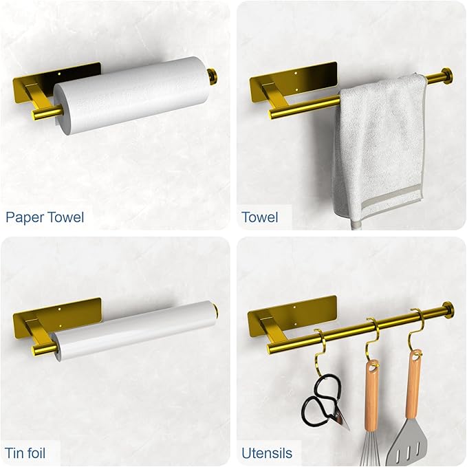 CUXIXA Paper Towel Holder Under Cabinet, Upgraded Adhesive Paper Towel Holder Wall Mount for Kitchen, Bathroom, RV, Bend-Resistant, Self-Adhesive or Drill Mounting, Stainless Steel, Gold