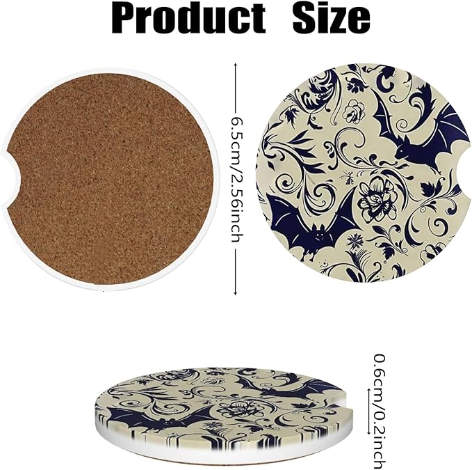 Car Cup Holder Coasters, 2 Pcs Ceramic Coasters with Cork Back and Finger Slot, Anti-Slip Shock Absorbing Women and Men Universal Car Accessories - Bat