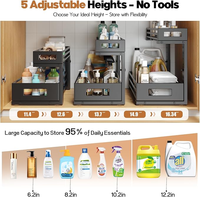 1-Pack Under Sink Organizers and Storage, 2-Tier L-Shape Pull Out Cabinet Organizer with Round Tube Slide Rails, Height Adjustable Slide Out Drawers for Kitchen & Bathroom, Multi-Purpose Storage Shelf - Black