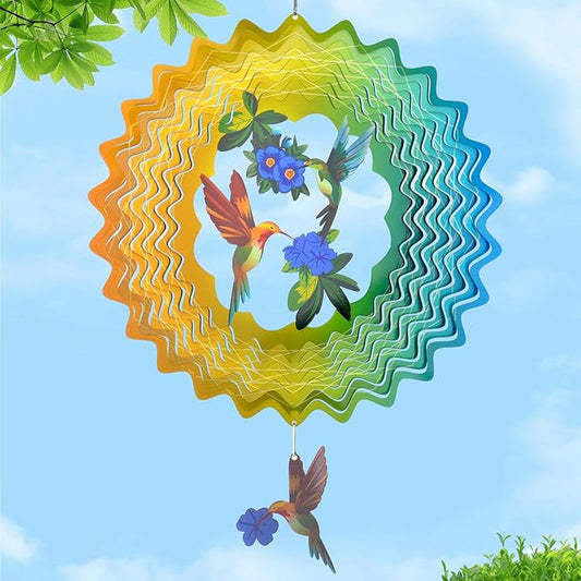 Wind Spinners - 12 Inches Hummingbird Wind Sculptures, 3D Reflective Metal Wind Spinner for Yard and Garden, Home, Outside, Patio Decor, Gifts for Daughter, Mom, Grandma's Birthday, Cyan Yellow