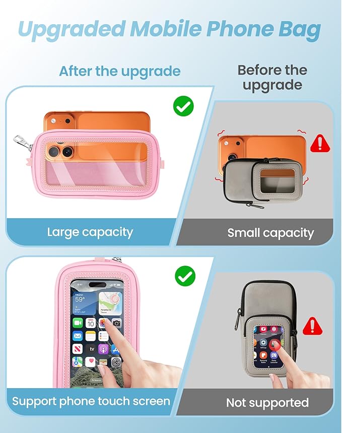 SHANSHUI Clip and Go Phone Lanyard Wallet, Hands-Free Crossbody Strap with Zipper Pocket & ID Window, Includes 2 Metal Tether Pads for Phones, Keys, Earphones, Accessories, Pink