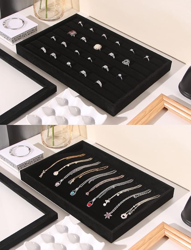 Coward Set of 5 Stackable Jewelry Organizer Tray Necklace Earring Box Storage Ring Bracelet Display Holder (Black (ring+necklace+earring+12-grid))