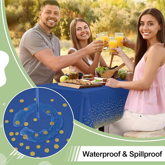 misaya 6 Packs Dot Disposable Table Cloth, 54 x 108 Inch Waterproof Plastic Tablecloth, Rectangle Gold Dots in Navy Table Covers for Picnic, Birthday, Party
