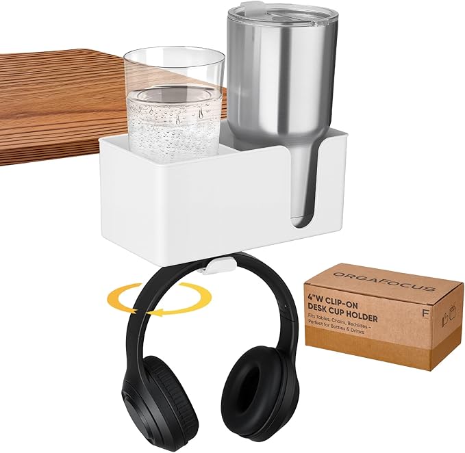 4-in-1 Clip On Desk Cup Holder - Adjustable Mountable Cup Holder with Divider & Rotating Hook - Large No Spill Clamp On Drink Holder Attachment - for Desk Chair Table Bed Tray - White