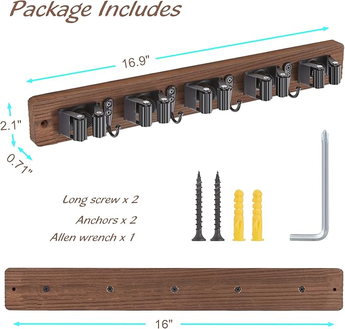 Mop and Broom Holder Wall Mount - Wooden Broom Mop Hanger - Wall Mounted Garden Tool Rack Organizer for Closet Garage Laundry Room for Rustic Kitchen Decor With 5 Slots & 4 Hooks