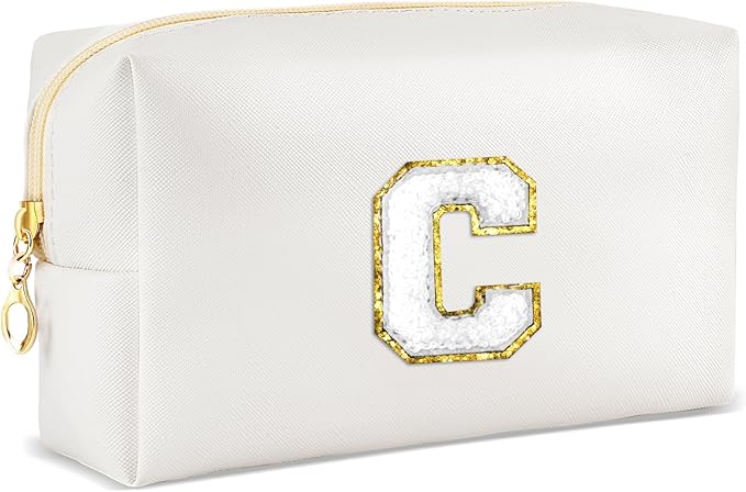 Gifts for Girls Initial Makeup Bag Personalized Cosmetic Bag with Zipper Cute Travel Toiletry Bags Waterproof PU Preppy Makeup Pouch Birthday Gift for Teen Girls Women(White C)