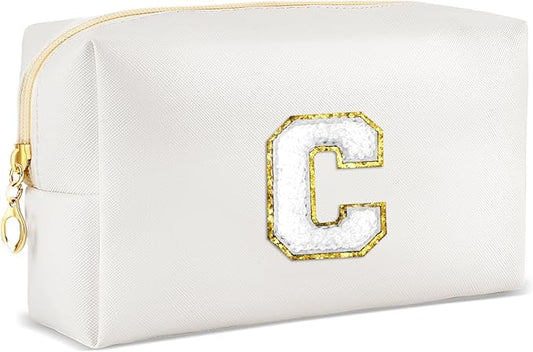 Gifts for Girls Initial Makeup Bag Personalized Cosmetic Bag with Zipper Cute Travel Toiletry Bags Waterproof PU Preppy Makeup Pouch Birthday Gift for Teen Girls Women(White C)