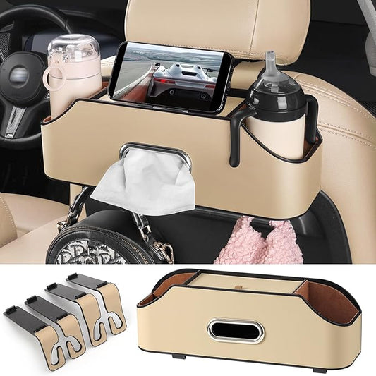 Sancaral Car Rear Backseat Extra Multifunctional Drink Cup Holder Organizers With Tissue Storage Box Organizer & Hooks For Car Seat Back.Beige