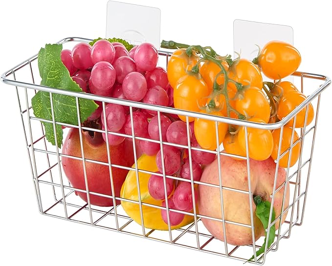 2 Pack Hanging Storage Basket, Bathroom Basket, Household Goods, with Traceless Tape, no Drilling, for Cabinet Storage, Kitchen, Bathroom, Storage Room,Chrome