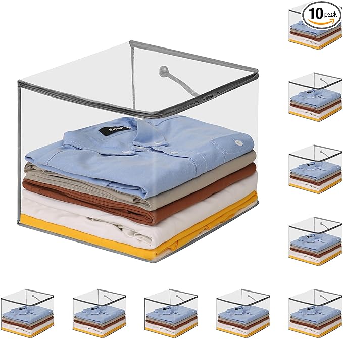10 PCS Clear Zippered Storage Bags with Handles,Sweater Storage with Two-way Zipper,Foldable Closet Organizer Bed Sheet Organizer,Cube Plastic Organizer,Bag,Bin,for Clothes,Towel-GY