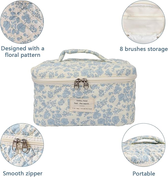 Gosect Floral Quilted Makeup Bag, Large Capacity Travel Cosmetic Organizer Bag with Handle, Portable Toiletry Bag for Women Girls 6.3'' x 6.3'' x 9.84''(Multicolor)