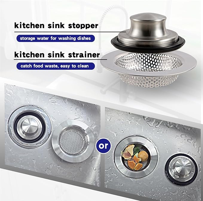 RQYEKDO Kitchen Sink Strainers Sink Stopper Kits, Stainless Steel Sink Drain Strainer Set,Large Wide Rim 4.4" Diameter Food Catcher Garbage Disposal Plug for Most Sink Drains Basket Filter