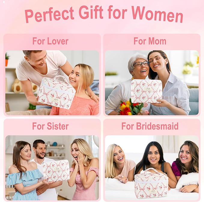 3Pcs Makeup Bag Quilted Cosmetic Bag Set Bow Travel Large Makeup Pouch for Women Cute Portable Cotton Toiletry Bag Skincare Organizer Coquette Vintage Travel Essential