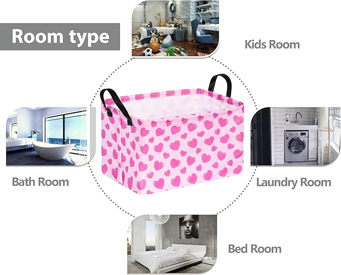 Rec Heart Print Box Hamper Storage Basket Collapsible Organizer Bin Gift Shelf Baskets for Home and Kitchen Storage