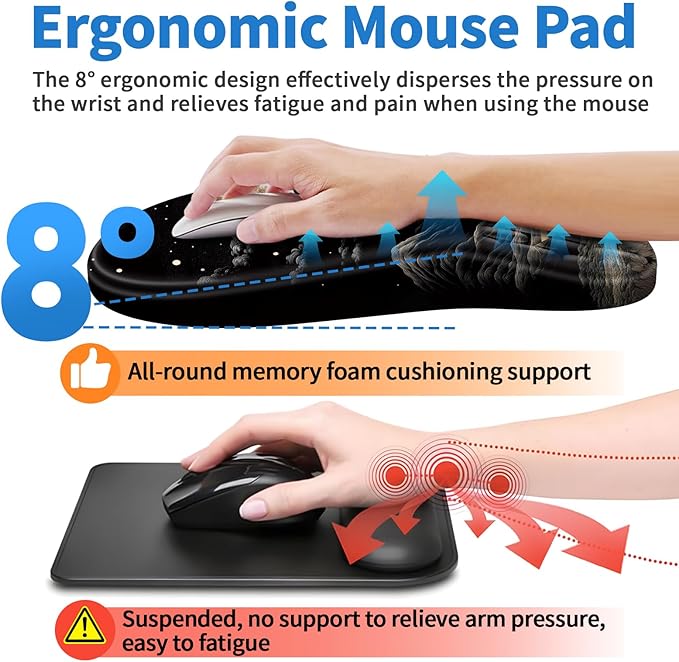 YIWEI Ergonomic Mouse Pad with Wrist Rest - Comfortable Office Mousepad with Memory Foam Wrist Support for Carpal Tunnel Relief, Mouse Pads with Non-Slip Base for Gaming and Home (Moon)