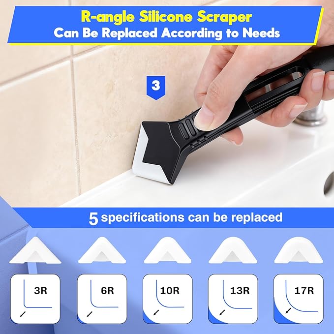 3 in 1 Silicone Caulking Tools, Glass Glue Angle Scraper, Stainless Steelhead Caulk Remover and Sealant Scraper, for Kitchen Bathroom Window and Frames Sealant Seals (Classic with Scraper — Set)
