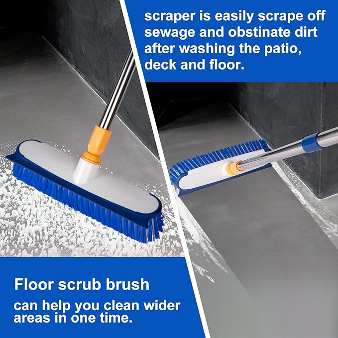 Floor Scrub Brush - 2 in 1 Deck Scrub Brush with Long Handle for Tile, Deck, Patio, Marble, Garage, Wall, Kitchen, Bathroom