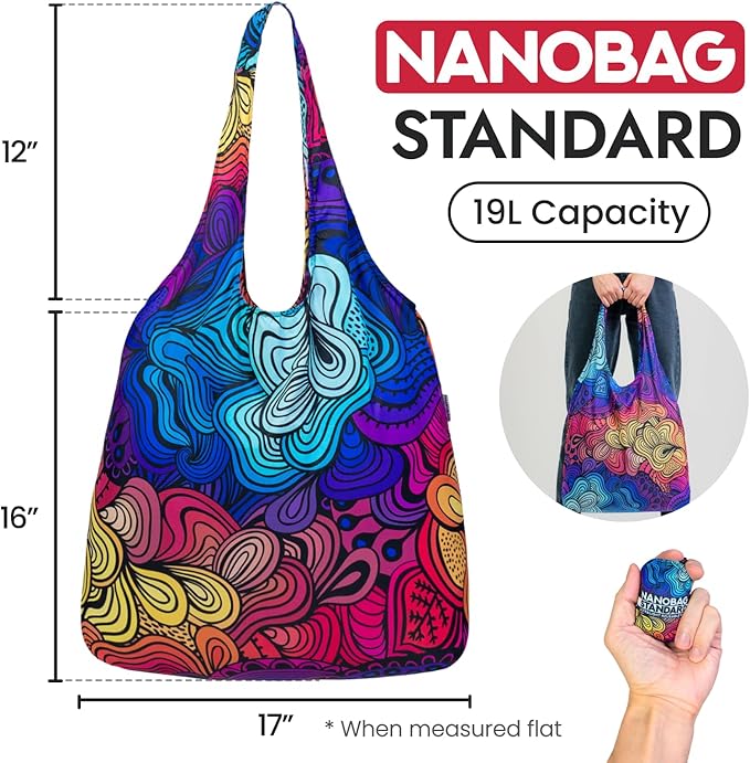 Nanobag Ultra-Lightweight Foldable Tote for Women & Men, Reusable Grocery & Travel Bag, Packable Collapsible Compact Market Essential (Standard Blue Waves)