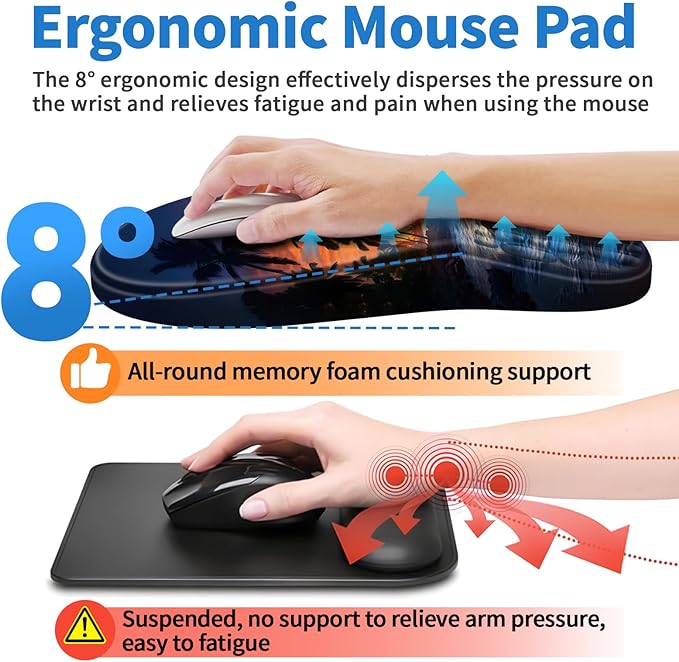 YIWEI Ergonomic Mouse Pad with Wrist Rest - Comfortable Office Mousepad with Memory Foam Wrist Support for Carpal Tunnel Relief, Mouse Pads with Non-Slip Base for Gaming and Home (Sunset Beach)