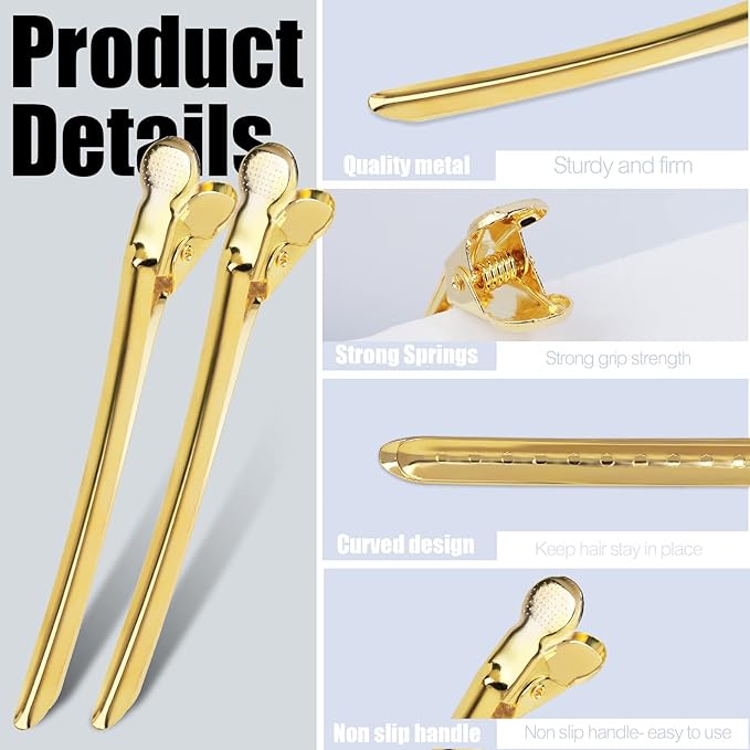 YGDZ 3.5 Inch Metal Duck Billed Clips with Holes - Alligator Curl Clips for Styling, Hair Coloring, Salon Use on Thick Hair Rollers, Gold