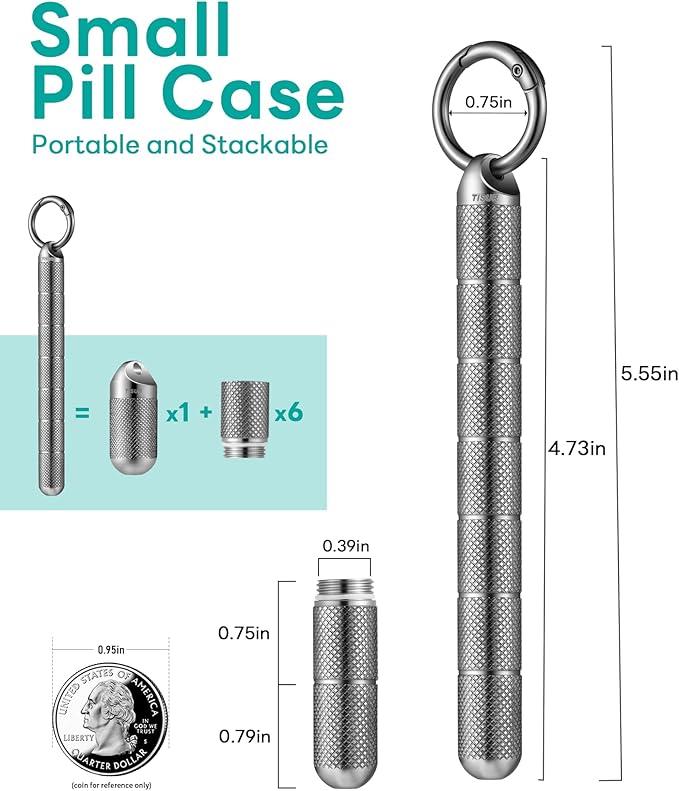 TISUR Titanium Keychain Pill Holder Small Metal Pill Case, Pill Organizer Portable Waterproof Pill Container, Travel Pill Bottle Box for Purse (Tiny-0.39in 7 Separate Compartments)