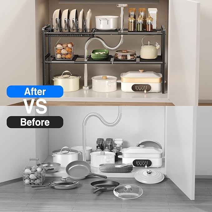 Pots and Pans Organizer Under Cabinet, Expandable 2 Tier Under Sink Organizers and Storage Adjustable Height Kitchen Pot and Pan Lid Holder Rack with 6 Dividers (6 panels, 1 Pot rack, Black)