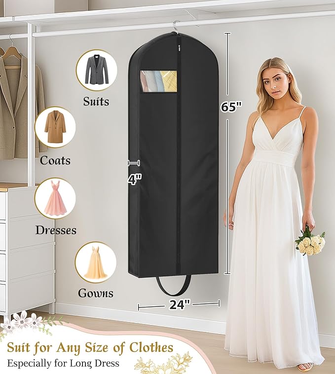KEETDY 65" Wedding Dress Garment Bag for Travel with 4" Gusseted Long Hanging Dress Bags for Gowns for Women Garment Cover Clothes Storage for Closet, Black