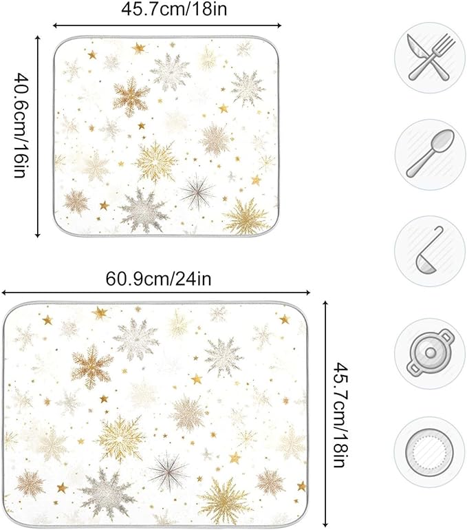 Winter Snowflake White Dish Drying Mat for Kitchen Countertop 18x24 Christmas Snow Golden Xmas Large Drying Mat Reusable Quick Dry Dish Sink Mats Easy Clean Decorative Essentials