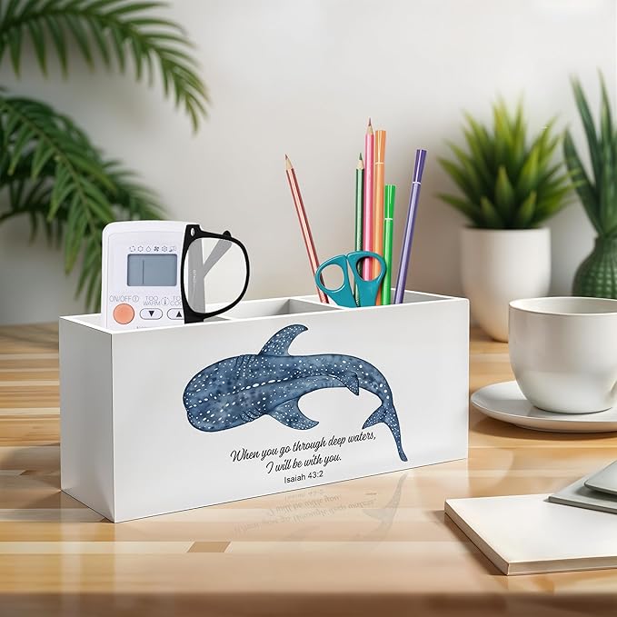 Whale Shark Bible Verses Pen Pencil Holder, Inspirational Christian Desk Decor, When You Go Through Deep Waters Scripture Pencil Pen Holder Organizer for Home Office Desk Accessories