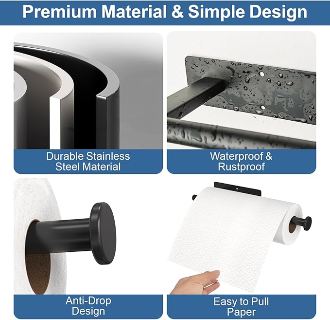 CUXIXA Paper Towel Holder Under Cabinet 2 Pack, Upgraded Self Adhesive Paper Towel Holder Wall Mount for Kitchen, Bathroom, RV, Bend-Resistant, Self-Adhesive or Drill mounting
