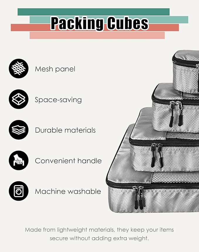 4-Piece Packing Cubes Travel Accessories Set for Suitcases - Luggage Organizer Bags with Double Zipper - Mesh Top - Small/Medium/Large/Slim - Grey