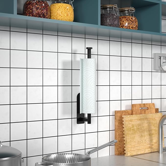 Paper Towel Holder, Self Adhesive or Screw Mounting, Paper Towel Holder Wall Mount, SUS304 Grey Stainless Steel Under Cabinet for Kitchen, Counter, Cabinet, Bathroom