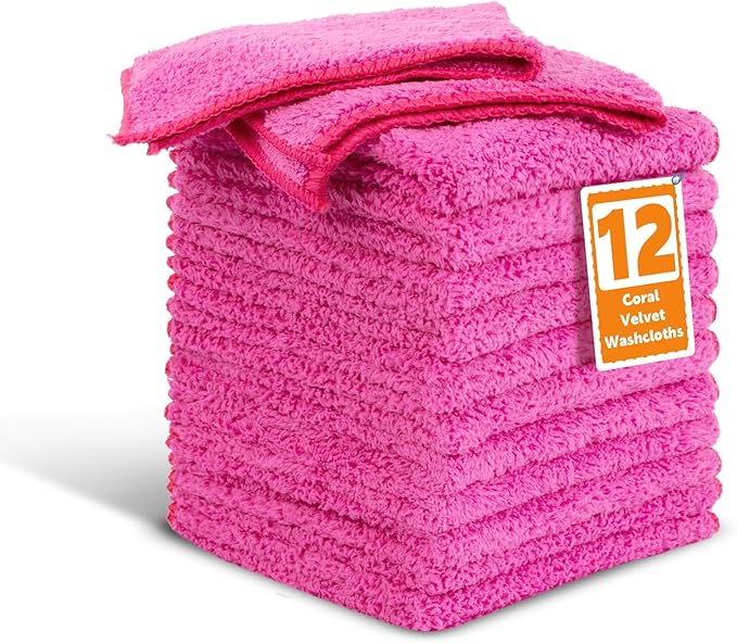 TEAWOO Coral Velvet Rose Red Washcloths 12 Pack, Highly Absorbent and Soft Rose Red Face Towels, Multi-Purpose Washcloths and Hand Towels for Bathroom, Hotel, Spa and Gym, 12 x 12 inches