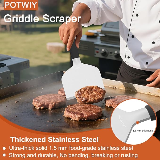 Heavy Duty Griddle Scraper, 4.5" Wide, Sharp Stainless Steel Scraper with Full Tang Silicone Handle, Great BBQ Cleaning Tool for Flat Top Grill & Griddle Cleaning Accessories (1 Pack, Small)