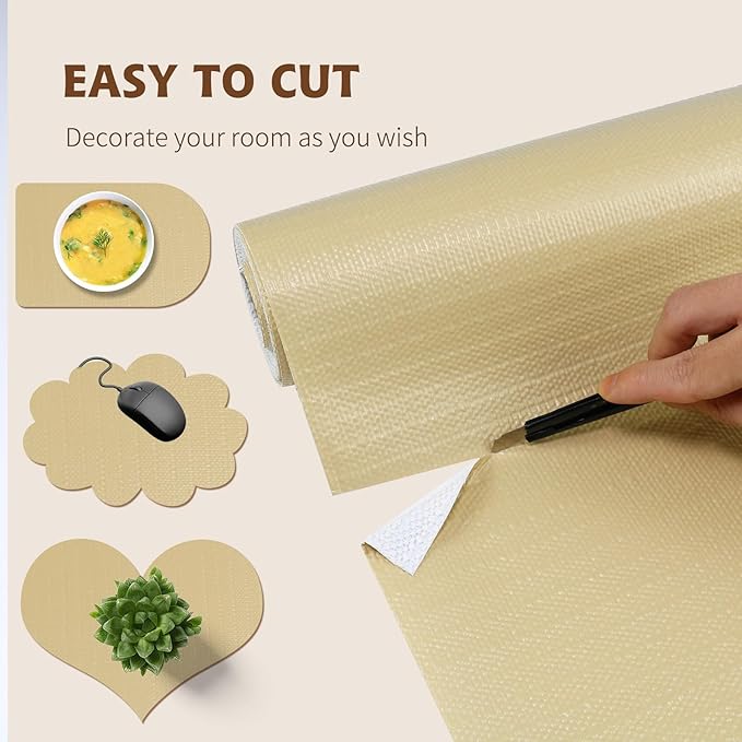 Shelf Liners for Kitchen Cabinets 12in x 20FT, Non Adhesive Drawer Liner Pure Beige Thickened Shelf Liner Non-Slip Easy to Clean for Tool Box Refrigerator with Knife and Tape Measure