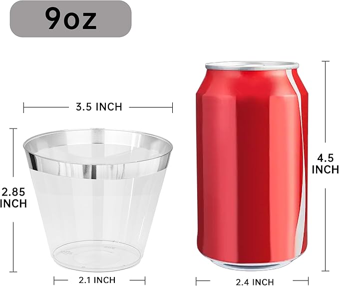 I00000 200pcs Silver Disposable Plastic Cups 9 oz Clear Plastic Cups Old Fashioned Tumblers Silver Rim Cup Disposable Party Cup Elegant Silver Wine Glasses Cocktail Cup